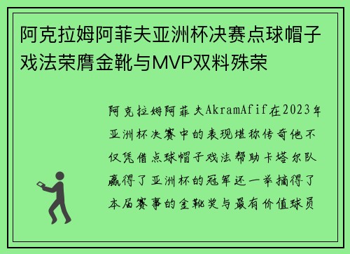 阿克拉姆阿菲夫亚洲杯决赛点球帽子戏法荣膺金靴与MVP双料殊荣 阿克拉姆阿菲夫亚洲杯决赛点球帽子戏法荣膺金靴与MVP双料殊荣